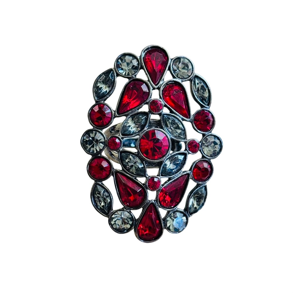 Givenchy Cocktail Ring Statement Sz6.75 Ruby Smoky Crystal Striking Gunmetal VTG